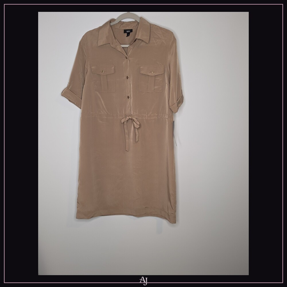 Worthington Large Tan Polyester Shirt Dress Button Front Drawstring Waist